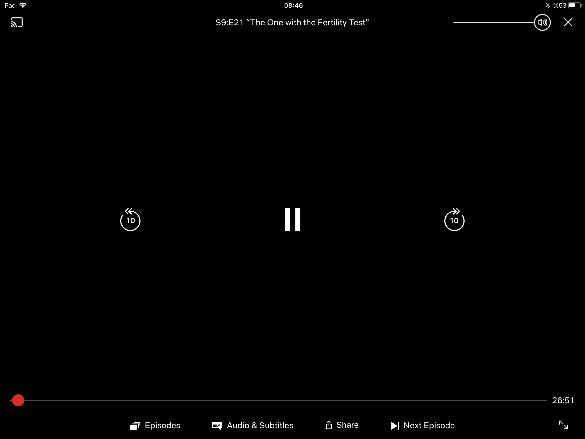 Netflix player UI I briefly saw. Top row has AirPlay button in the top left corner, the title in the middle, and the volume slider and 'close' button on the top right corner. There are huge rewind 10 seconds, play/pause, and fast forward 10 seconds buttons in the middle of the screen. On the second-to-the-bottom row, the progress bar is stretched from edge to edge, only with the remaining time attached to the right side of it. The bottom line has episodes, audio and subtitles, share, and next episode buttons in the center, with labels, and there is a single icon for video size button, at the bottom right corner.