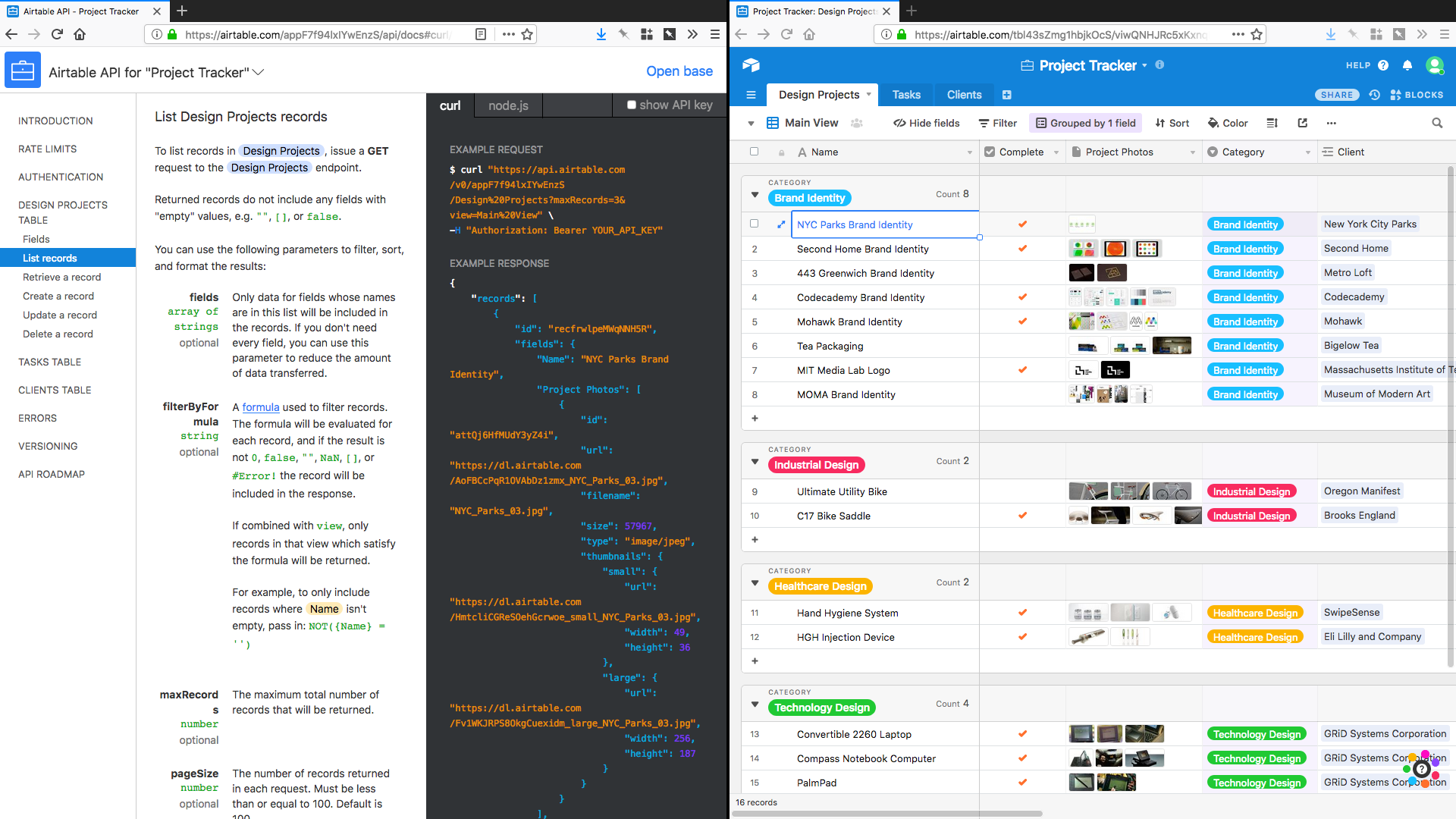 An AirTable document and its API documentation page side-by-side; the API documentation shows real data from the table.