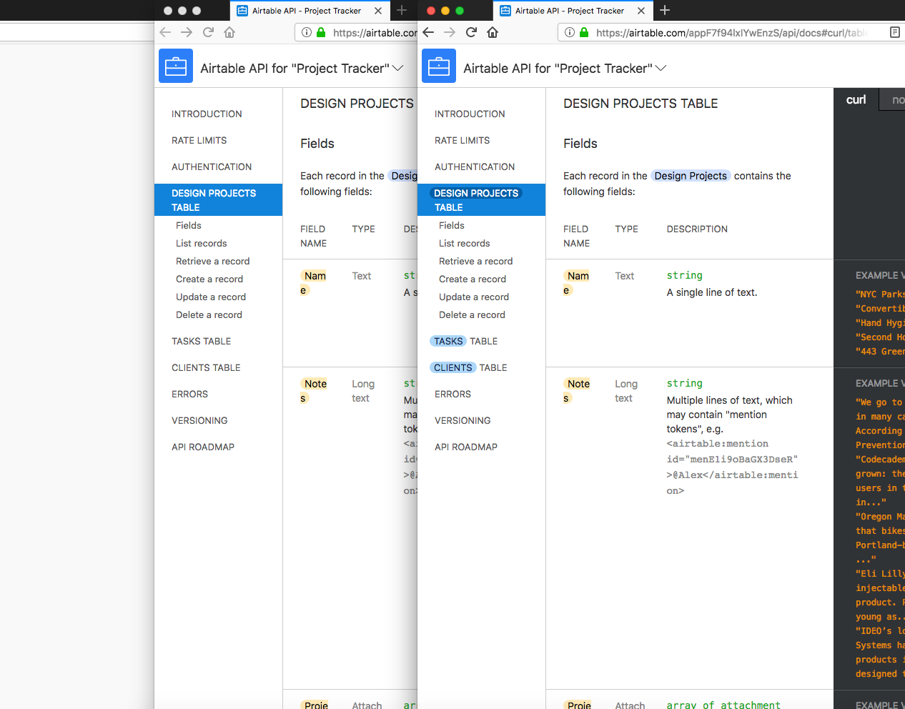 API documentation page side by side: One is the current version, and one modified with pills.
