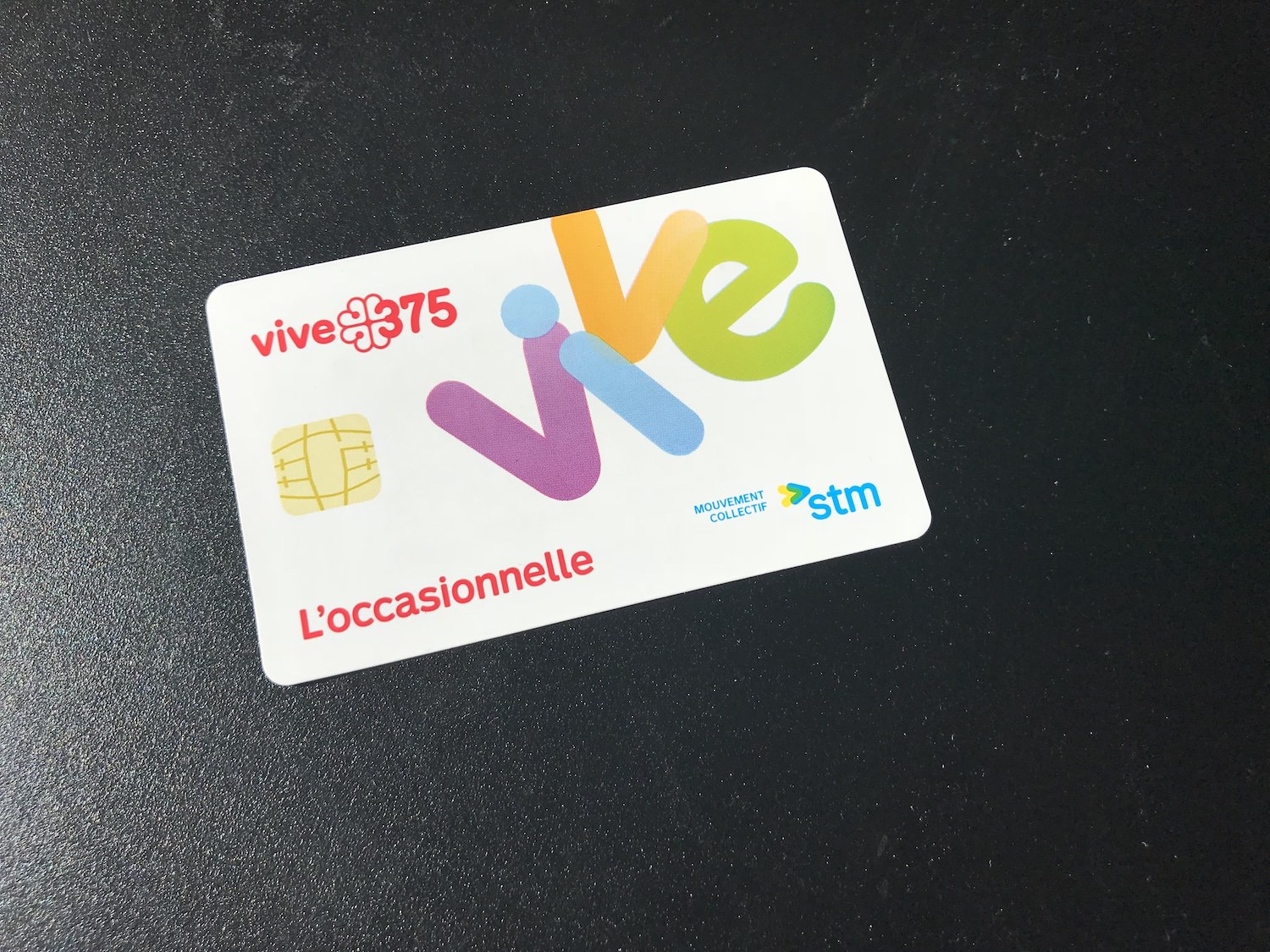 A card with colorful design saying "vive375", including a printed chip just like a credit card.