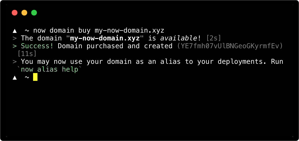 Third line changes once more, to be appended with 'Success! Domain purchased and created' text and 'You may use your domain as an alias to your deployments' help text. Pricing info not given.
