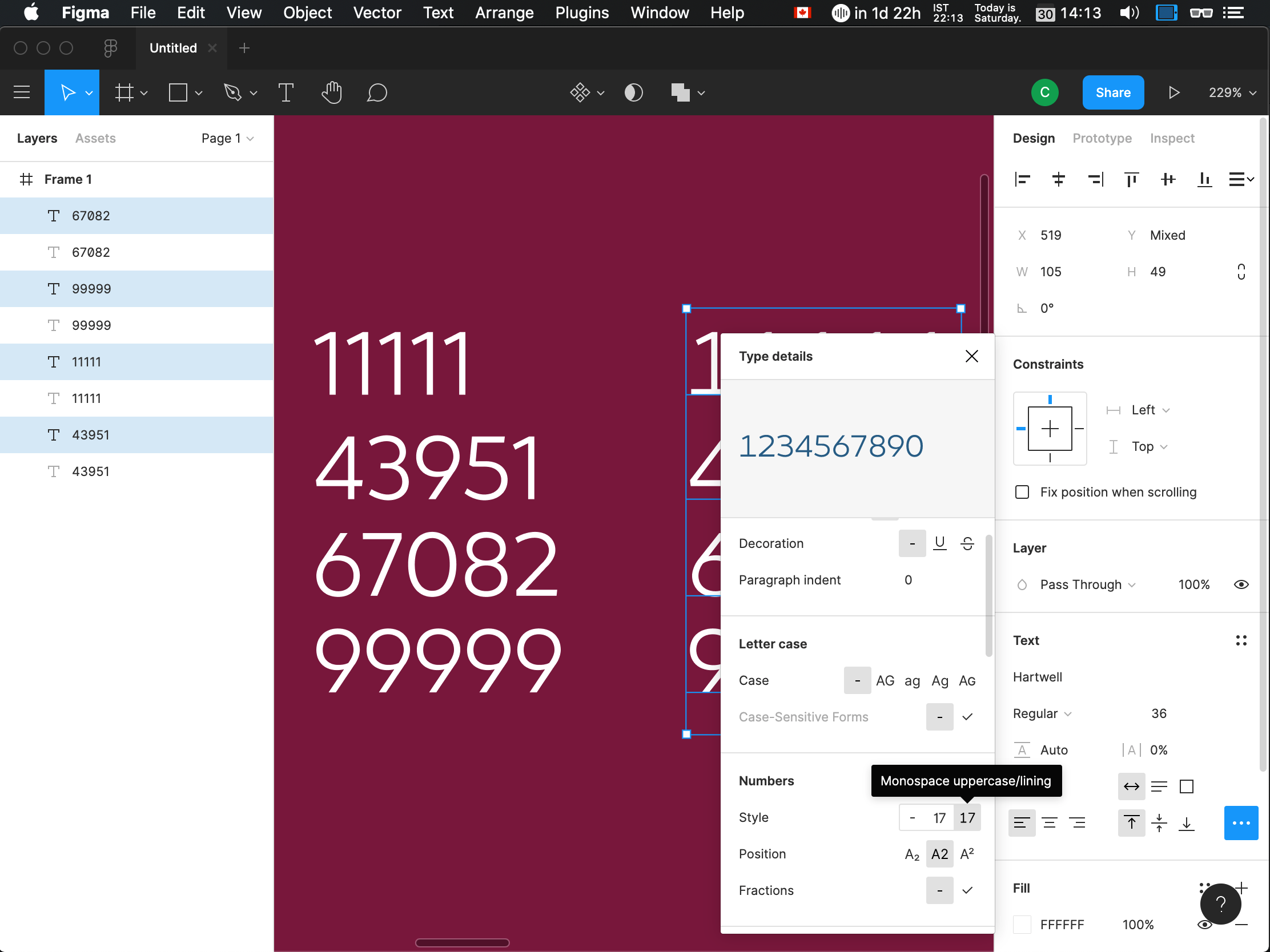 Settings to apply tabular numbers to selected elements in Figma.