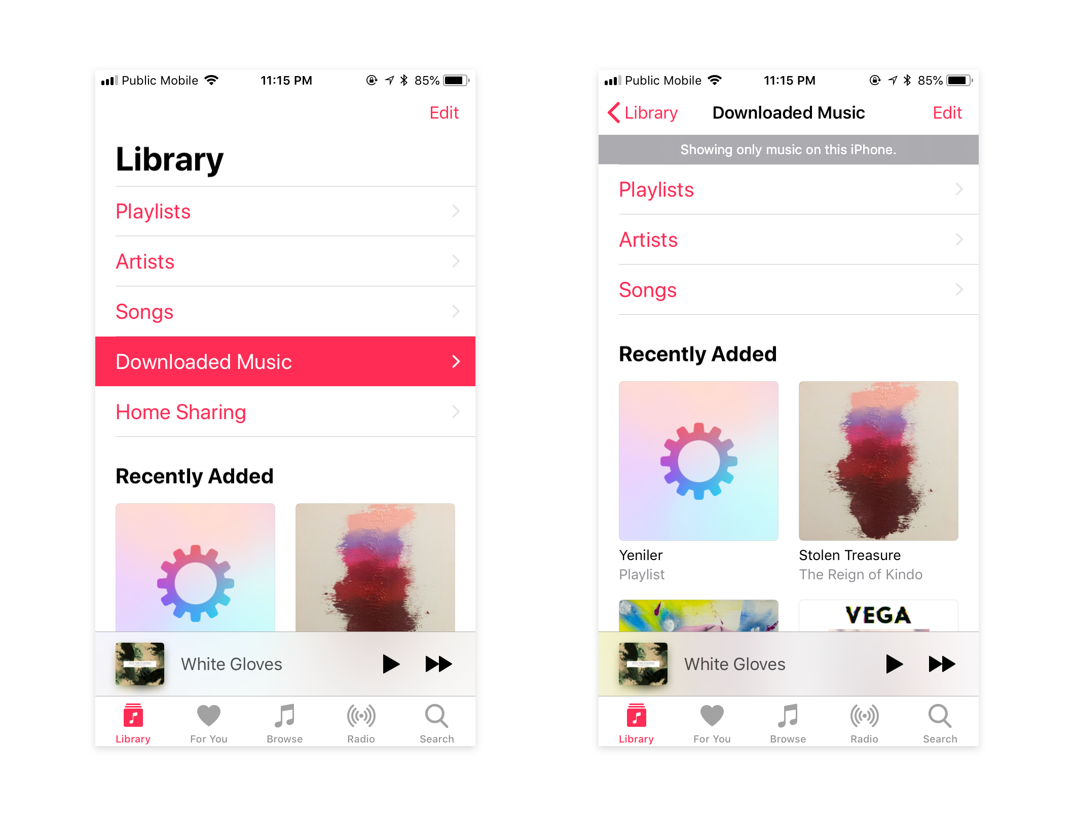 Apple Music app screenshots: One has Downloaded Music highlighted as an option in the main Library screen, and the other showing the same screen with the title Downloaded Music.