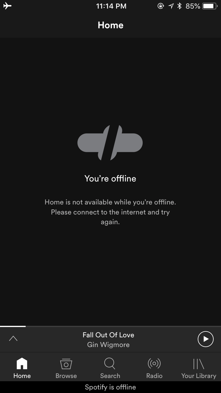 Spotify home screen, saying home screen is not available while offline, and asking the user to connect to the internet and try again.