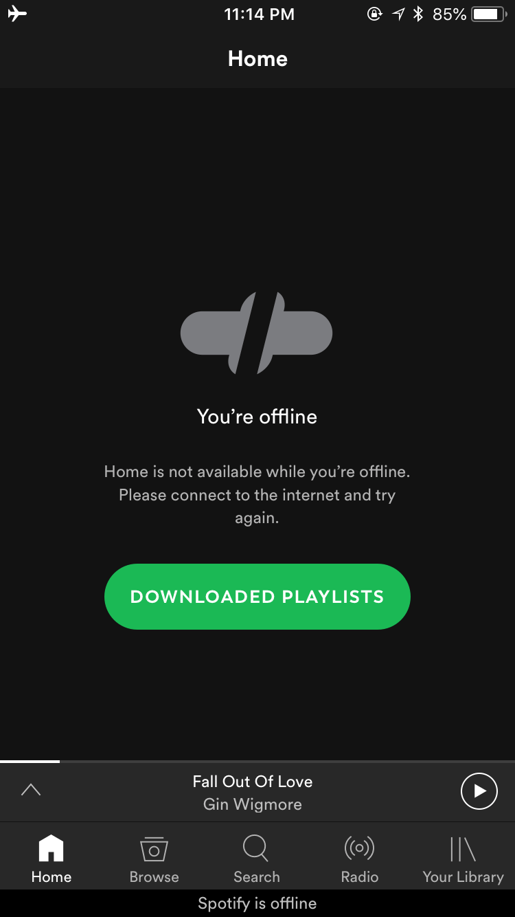 Spotify offline home screen with an added 'downloaded playlists' action button.