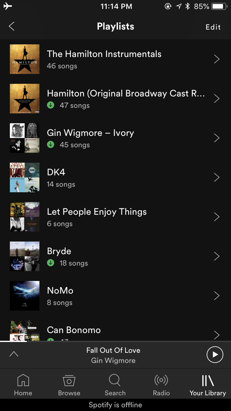 Playlists window, with a green 'downloaded' identifier next to a couple of them.