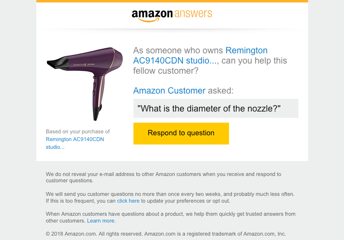 The email amazon sent, with the name of the item, the question from a viewer, and an action button to 'respond to question'.