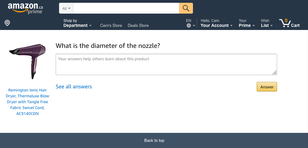 The page with the information of the product, the question asked, a textarea input with a submit button that reads 'Answer' and a link to 'see all answers'.